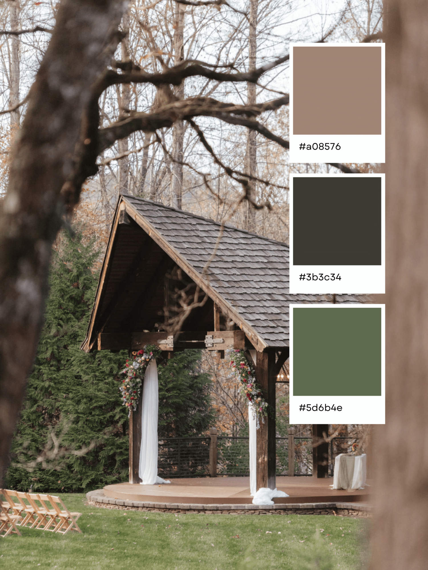 A rustic wooden gazebo decorated with white fabric and flowers, surrounded by trees, offers a picturesque setting perfect for exploring wedding color combinations. Three color swatches are shown: taupe (#a08576), dark green (#3b3c34), and olive green (#5d6b4e).