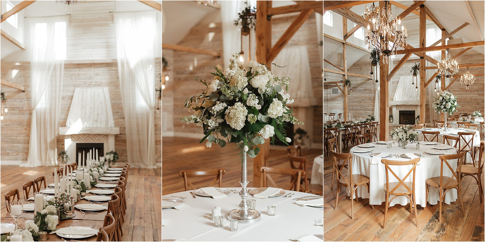 Rustic wedding reception setup at Ramble Creek with wooden beams, white drapes, round tables with white cloths, floral centerpieces, and wooden chairs in a bright, airy venue featuring a cozy fireplace.