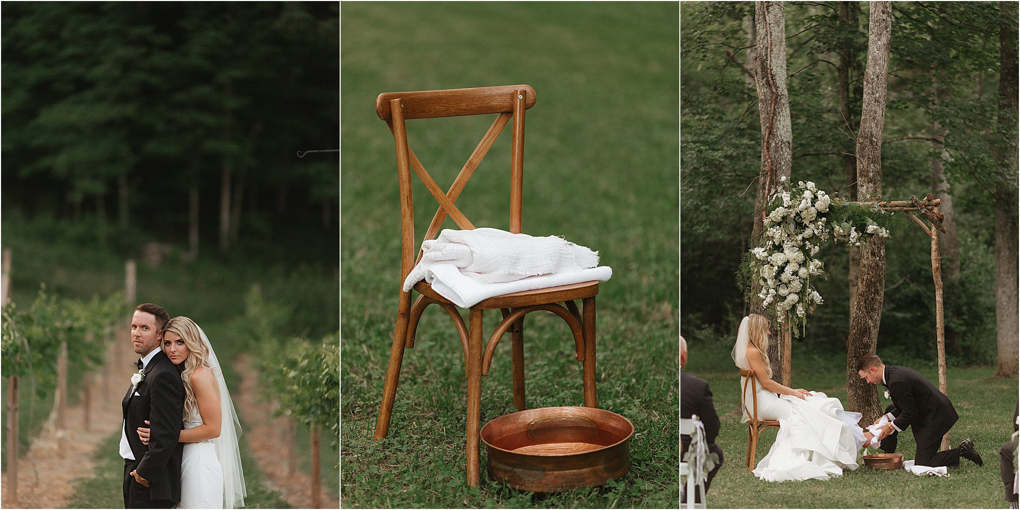 A bride and groom in a vineyard at Ramble Creek, a wooden chair with a towel and copper bowl, and the couple during an outdoor foot-washing ceremony under a floral arch.