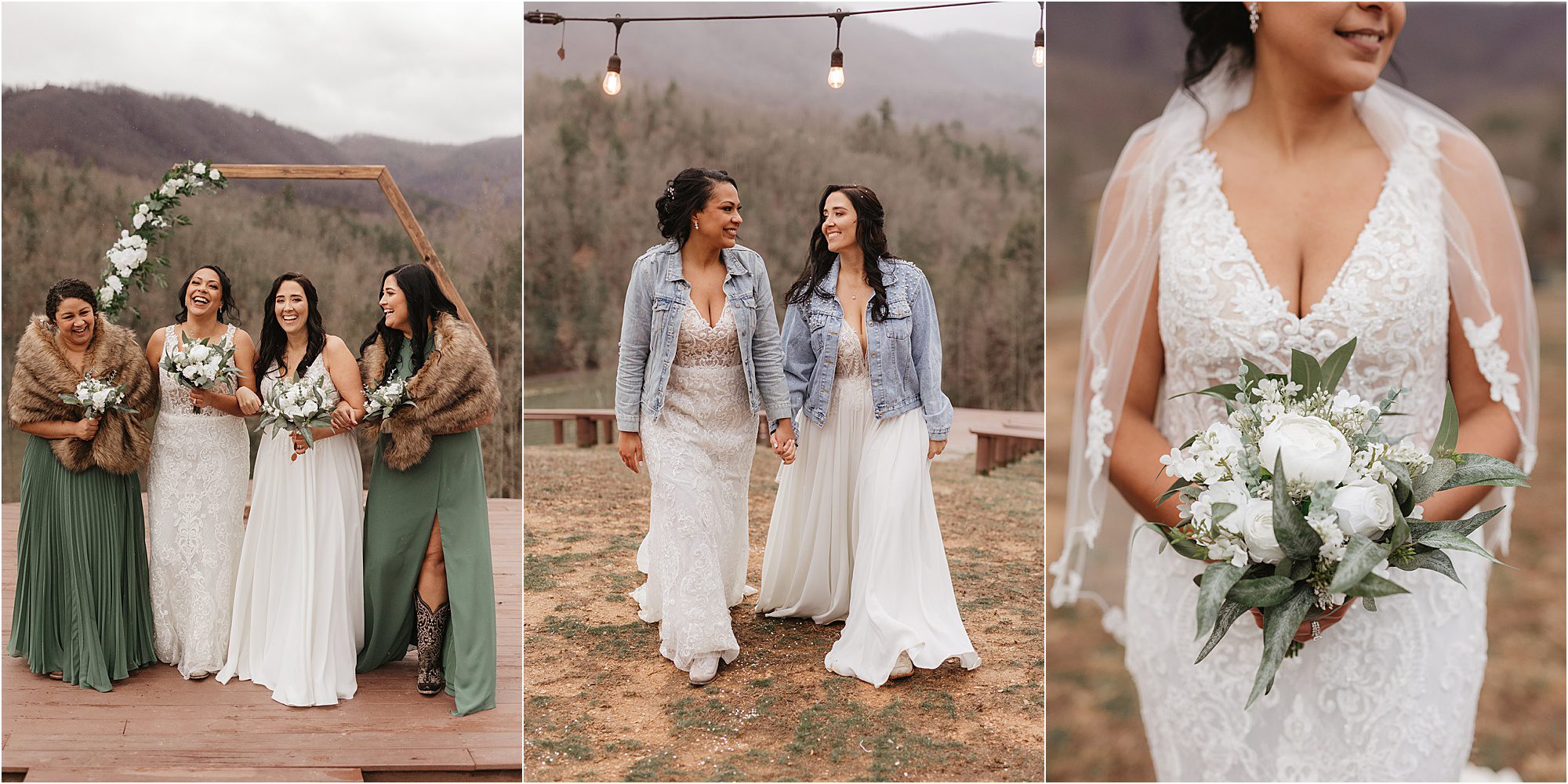 Three women and two brides stand outdoors at Mountain Mist Farms in wedding attire, including lace dresses and fur wraps; one bride wears a jean jacket. The brides hold a bouquet of white flowers and greenery, with mountains in the background.