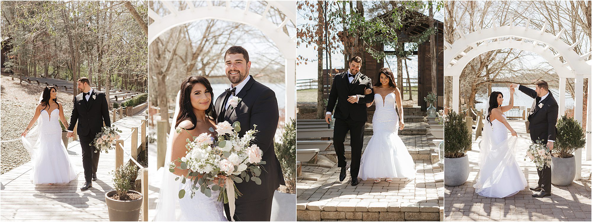 Four photos of a bride and groom outdoors at The Pavilion at Hunter Valley Farm: walking hand-in-hand, posing together, and standing under a white arch on a sunny day, with trees and water in the background.