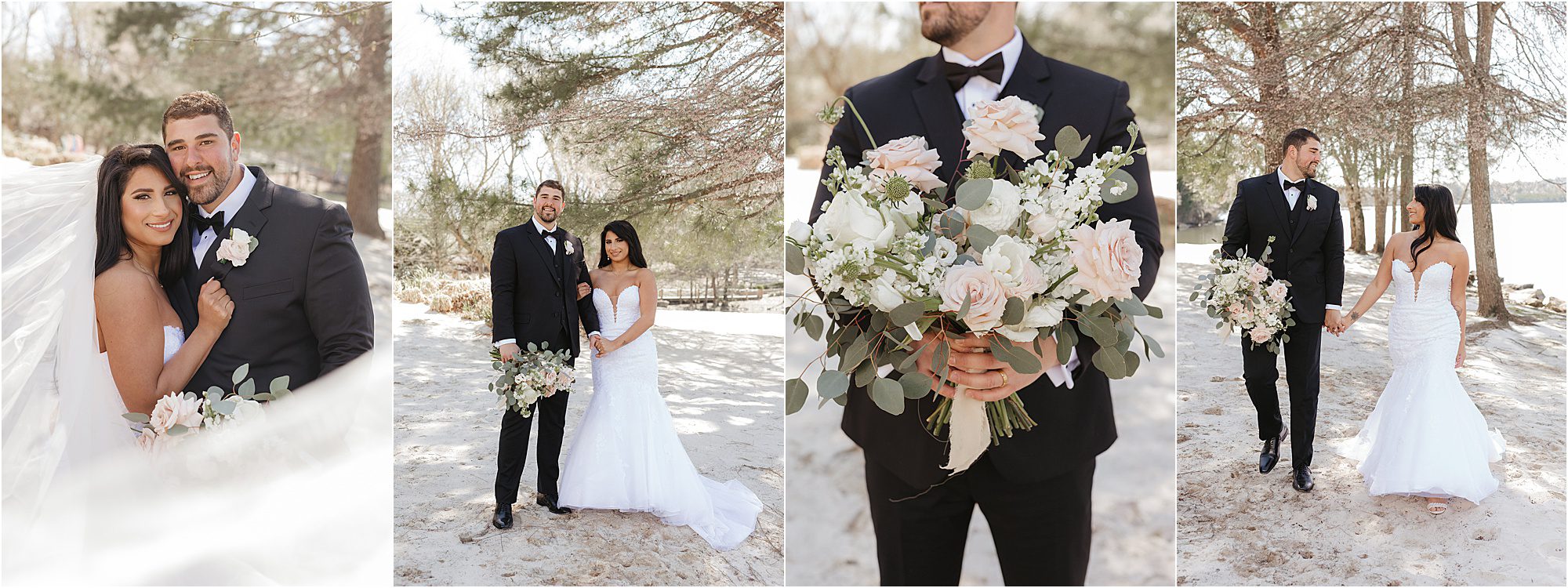 A bride and groom pose outdoors in wedding attire, holding a bouquet of pale flowers, standing on sandy ground with trees and a lake in the background at The Pavilion at Hunter Valley Farm.