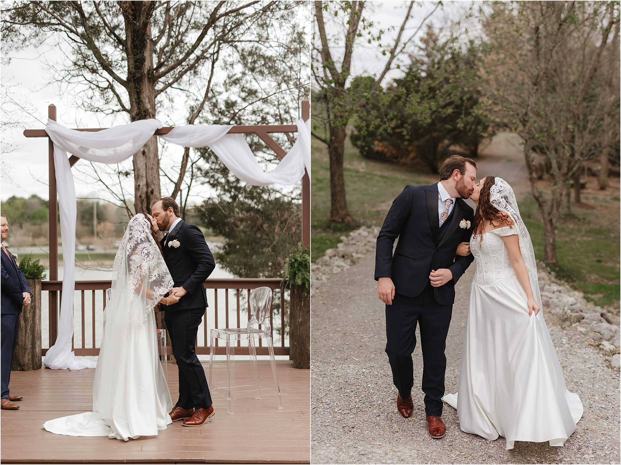 Two wedding photos: On the left, a bride and groom kiss at an outdoor altar at The Pavilion at Hunter Valley Farm. On the right, the couple shares a kiss while walking on a gravel path surrounded by trees.