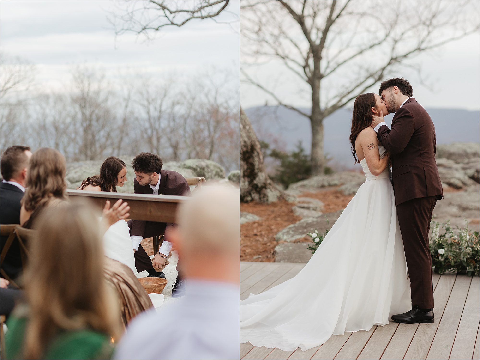 A couple at an outdoor wedding ceremony: left, they kneel and take part in a heartfelt feet washing ceremony; right, they kiss at the altar, surrounded by trees and mountains, with guests watching.