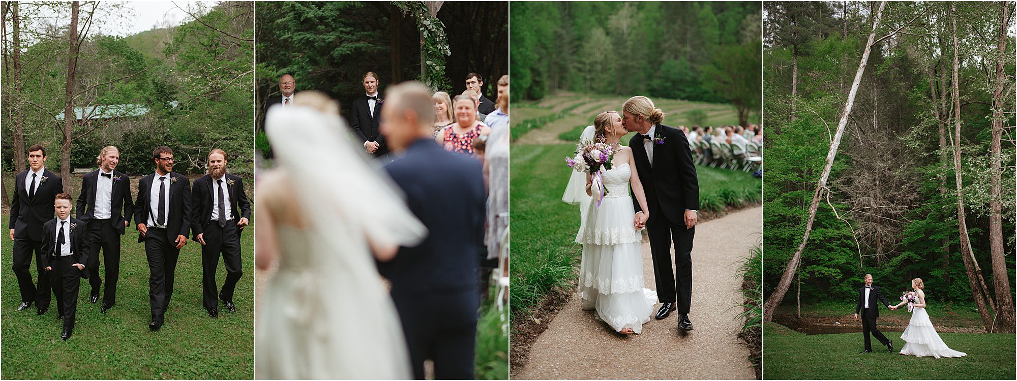 Four wedding photos at Lily Barn: groomsmen walking, bride walking down the aisle, newlyweds smiling and embracing on a path, and the couple dancing outdoors among trees.