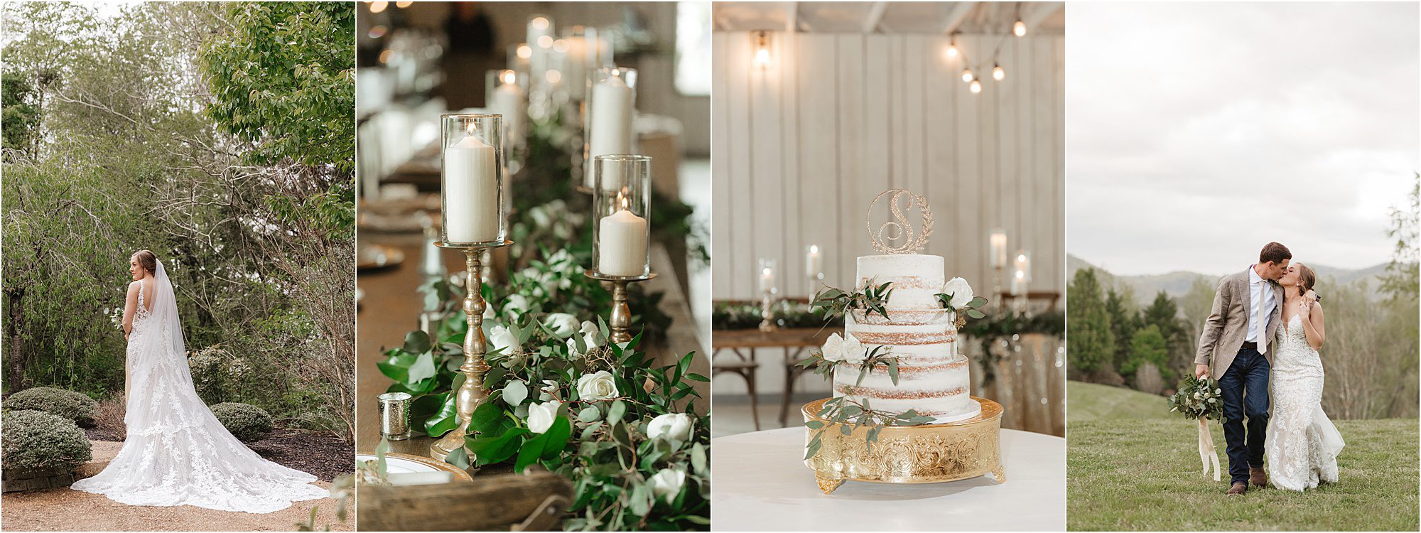 A bride in a white dress, a table with candles and greenery, a tiered white wedding cake, and a bride and groom kissing outdoors with mountains in the background set the scene for a romantic celebration at Willow Ridge Special Event Center.