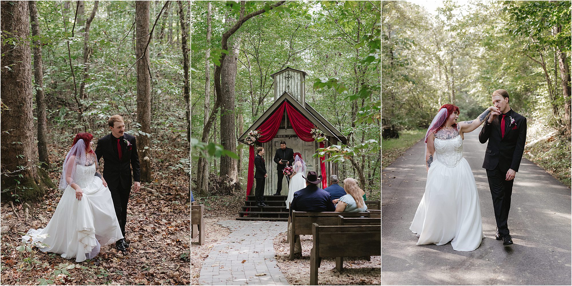 A bride and groom walk in a forest, stand at Chapel in the Hollow during their wedding ceremony, and stroll together on a paved path, holding hands and smiling.