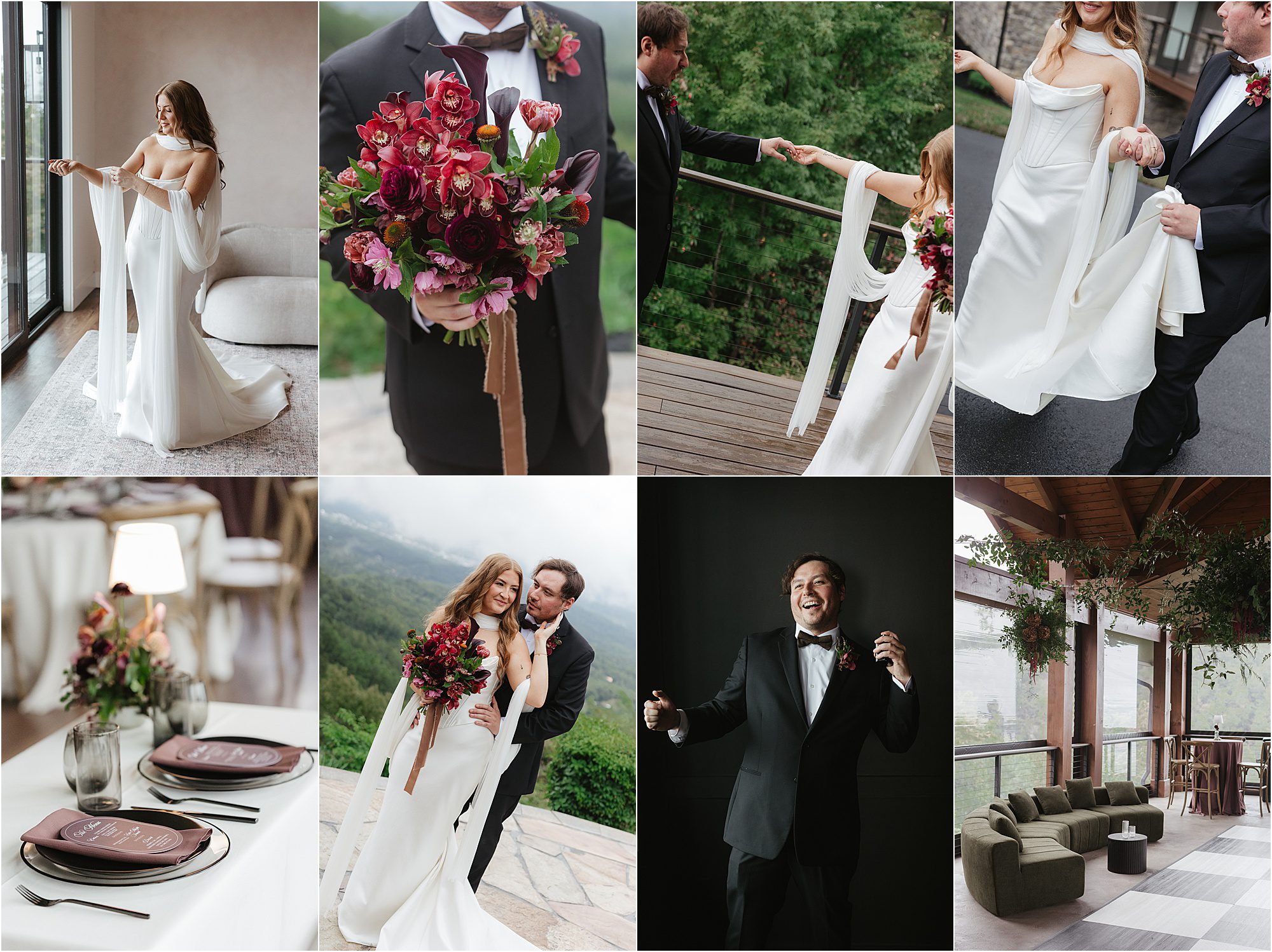 A collage of wedding photos at The Trillium Venue showing a bride in a white gown, a groom in a tuxedo, their floral bouquet, table settings, and the decorated outdoor reception space.