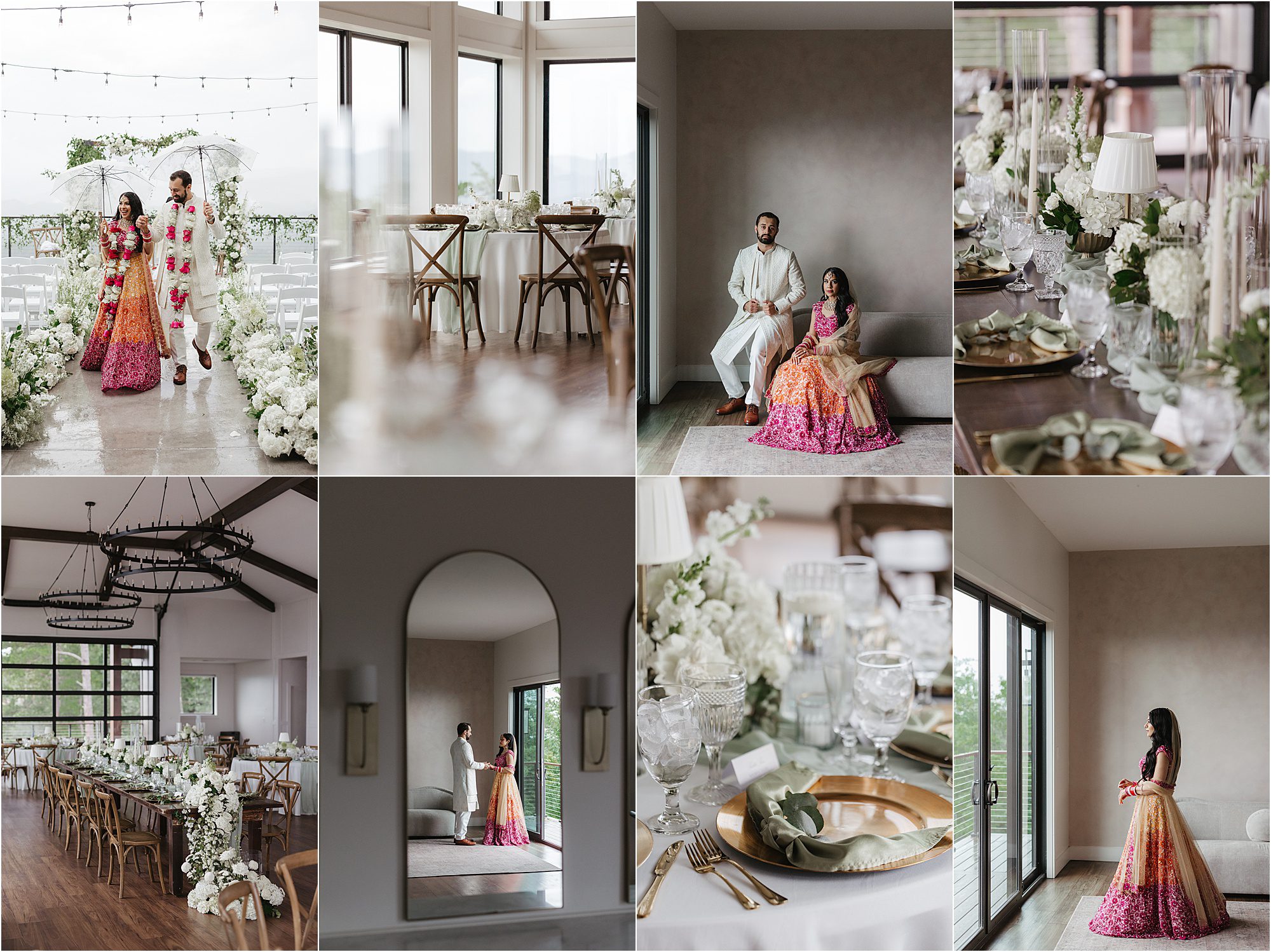 A collage of wedding photos at The Trillium Venue showing a couple in traditional Indian attire, floral table settings, and indoor event spaces.