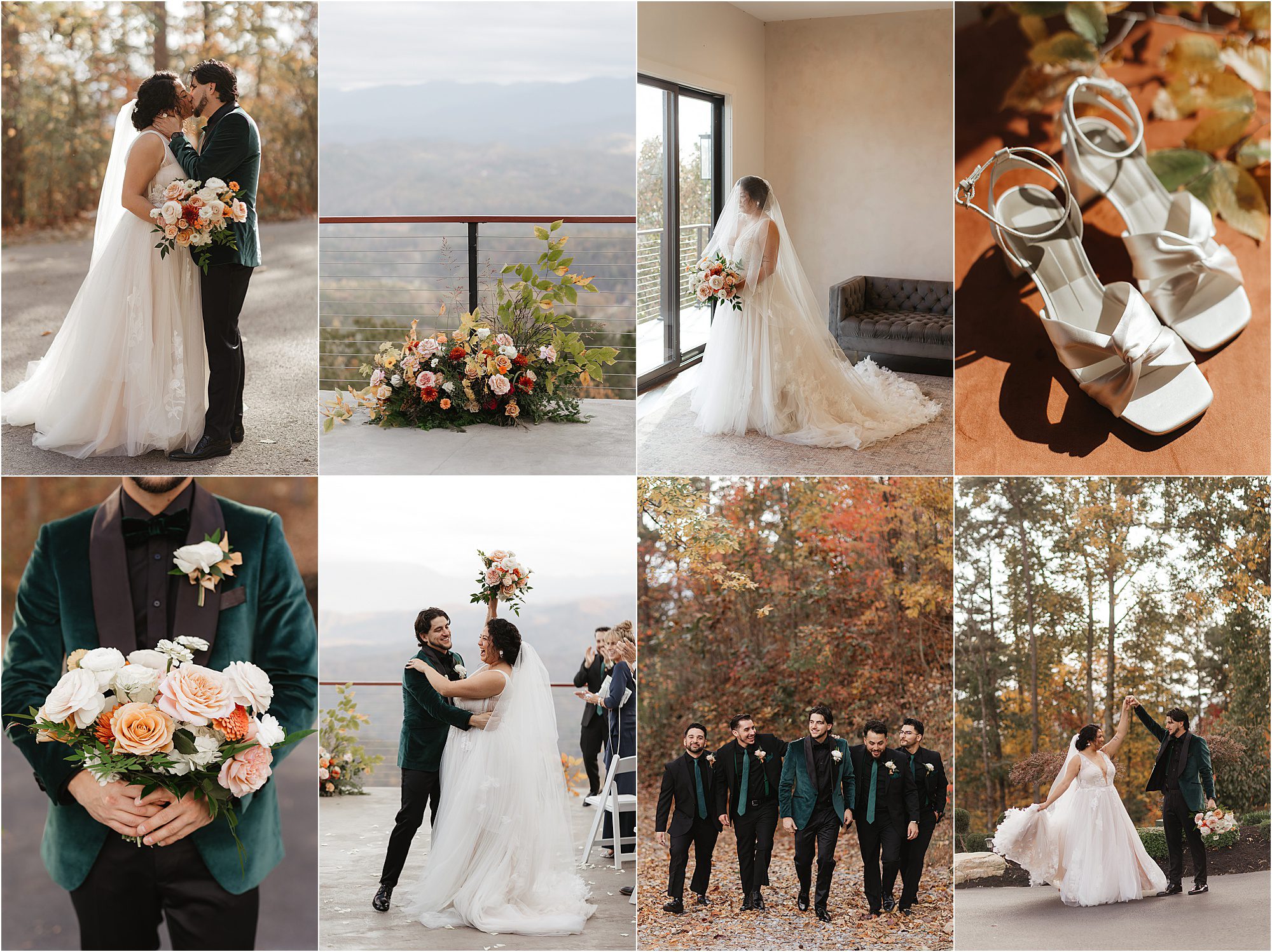 A wedding collage at The Trillium Venue showing a bride in a white gown and groom in a dark green velvet suit, with close-ups of the bouquet and shoes, the couple posing outdoors, and the groom walking with his groomsmen in an autumn forest.