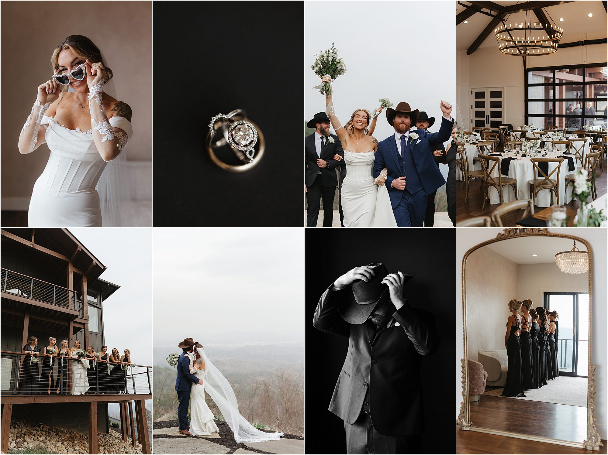A collage of eight wedding photos from The Trillium Venue, including the bride in heart-shaped glasses, two rings, the bridal party, the venue interior, the couple on a deck, a portrait of the groom, and bridesmaids reflected in a mirror.