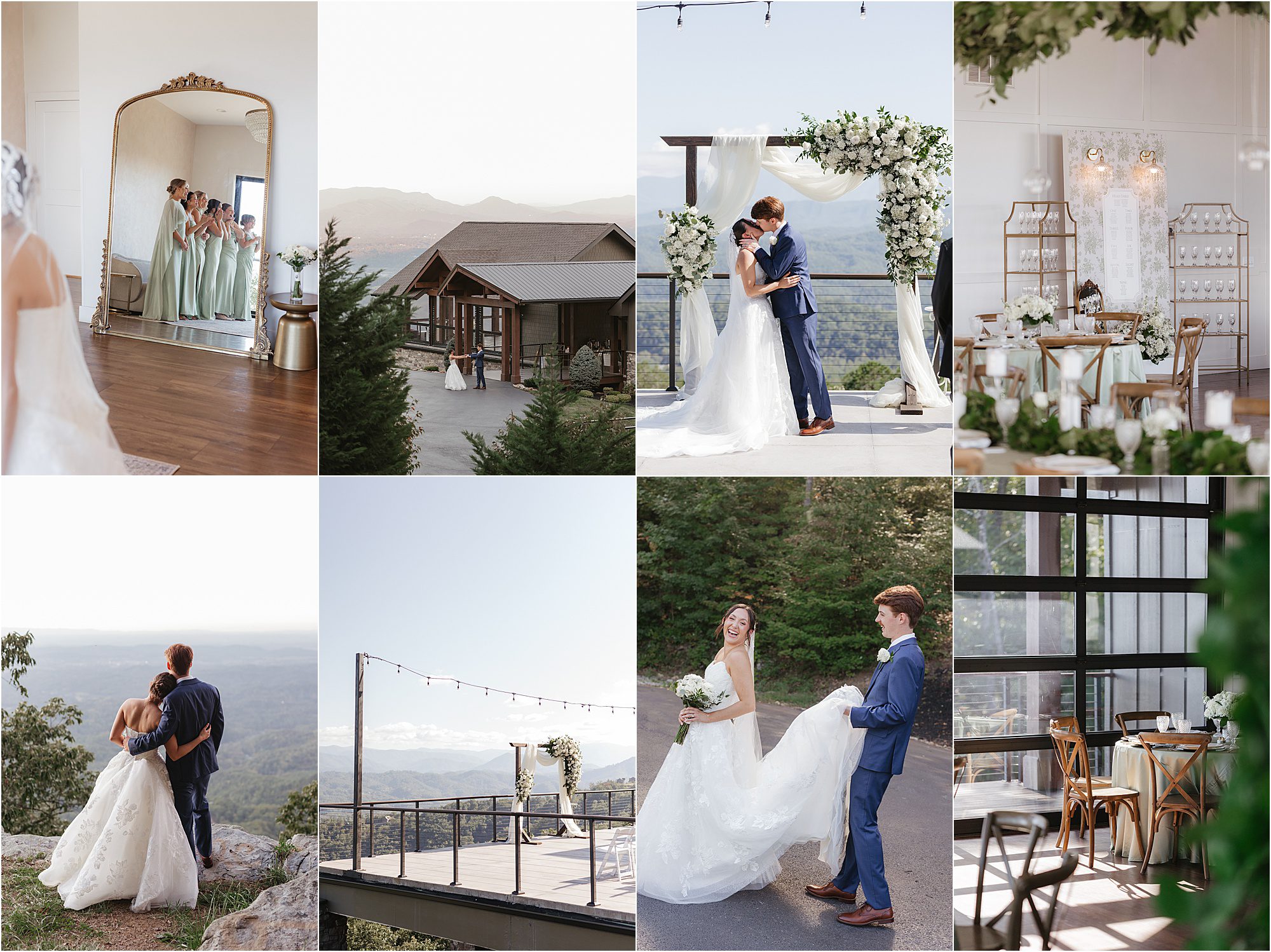 A collage of wedding photos featuring a bride and groom during their ceremony and portraits at The Trillium Venue, a scenic mountain location.